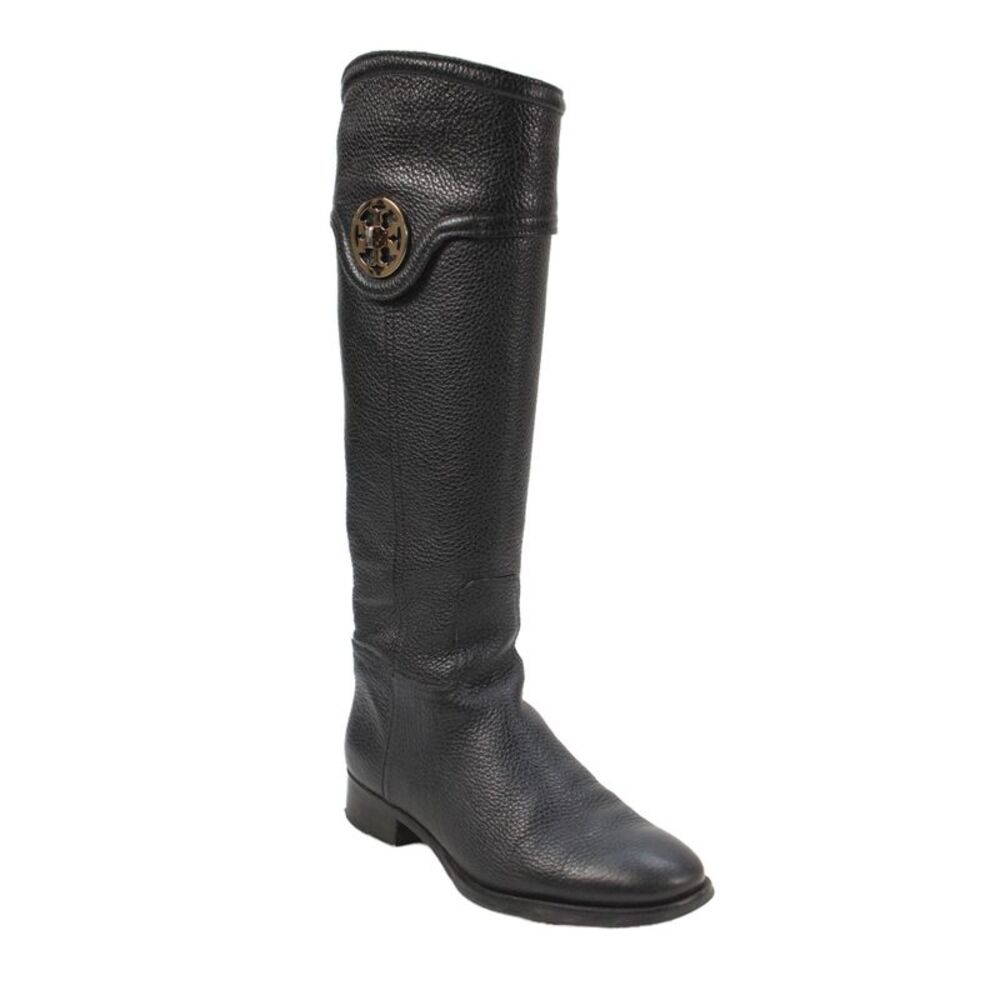 Tory Burch Womens Leather Logo Detail Knee High Boots Shoes Black Size 7M